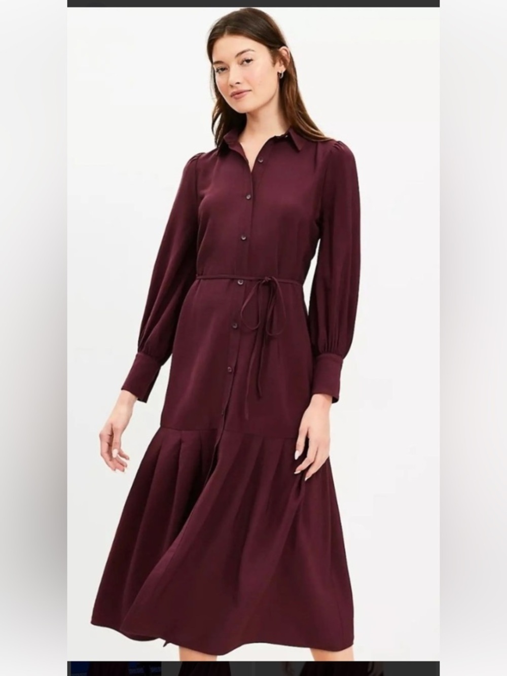 Loft sz 10 deep plum long length long sleeve shirt dress w/puff sleeves